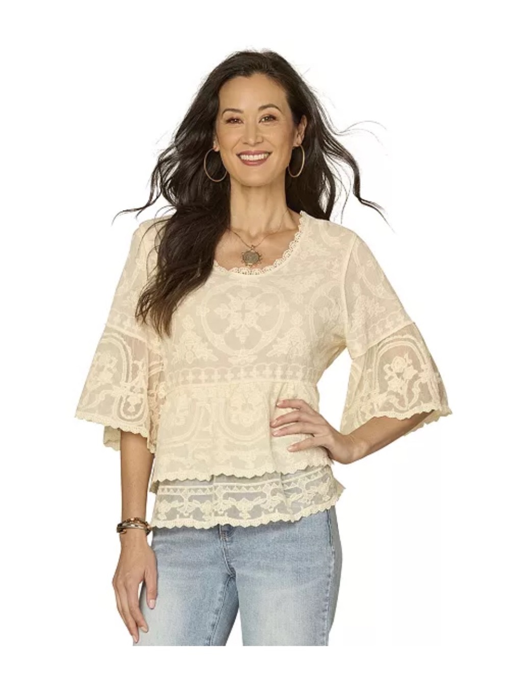 Democracy Cream Lace Bell-Sleeve Blouse
